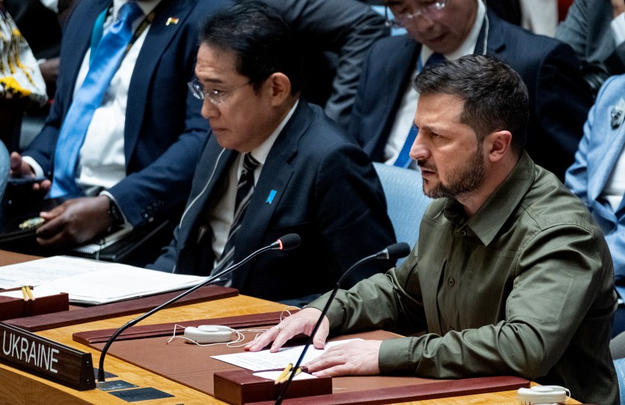 Ukrainian President Volodymyr Zelenskyy addresses a high level Security Council meeting during the 78th session of the United Nations General Assembly at U.N. headquarters, Wednesday, Sept. 20, 2023. (AP Photo/Craig Ruttle)