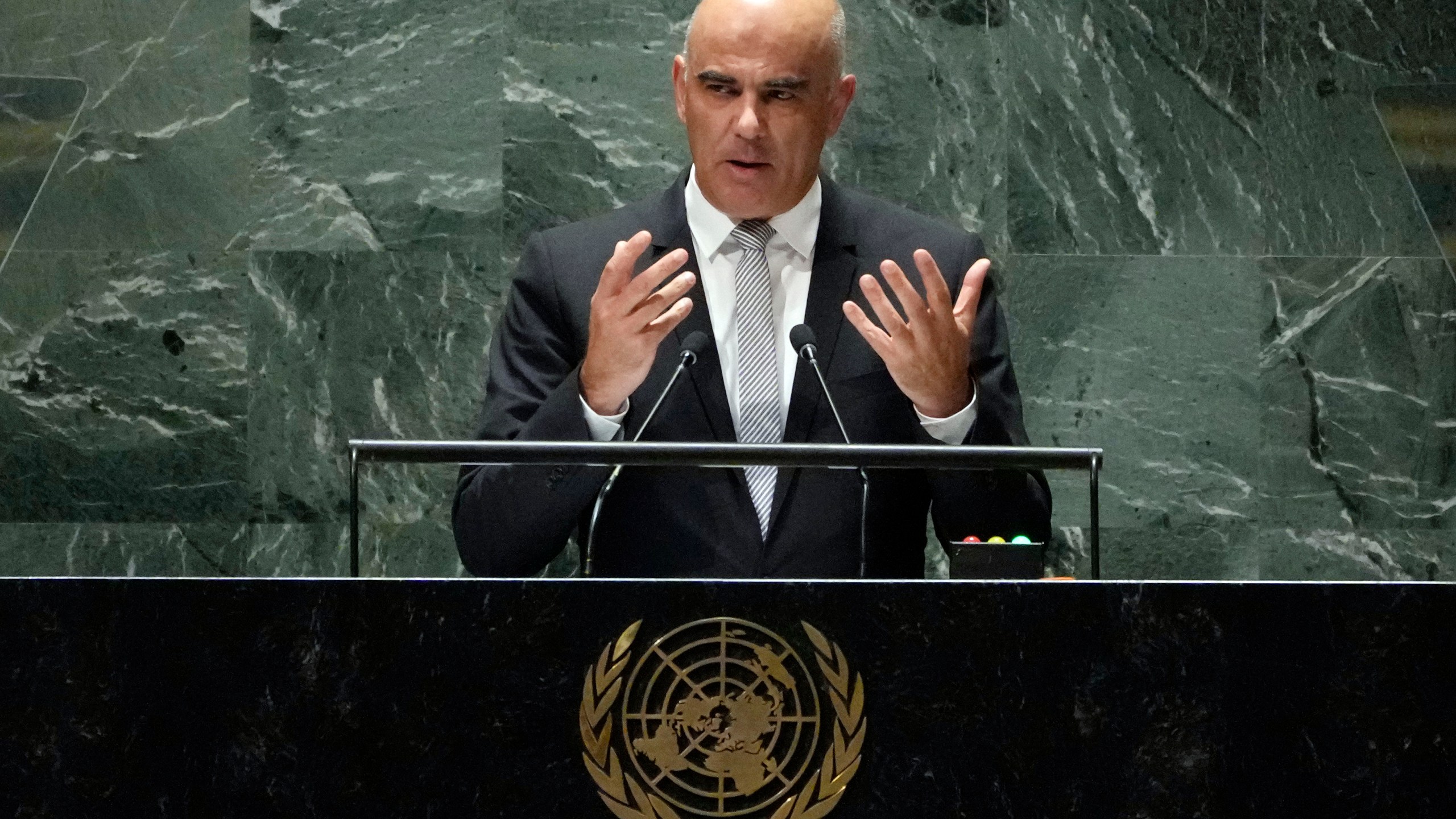 Swiss President Alain Berset addresses the 78th session of the United Nations General Assembly, Tuesday, Sept. 19, 2023. (AP Photo/Richard Drew)