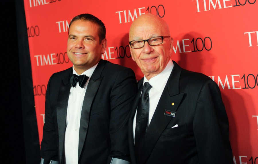 FILE - Lachlan Murdoch, left, and Rupert Murdoch attend the TIME 100 Gala in New York on April 21, 2015. Media magnate Rupert Murdoch is stepping down as chairman of News Corp. and Fox Corp., the companies that he built into forces over the last 50 years. He will become chairman emeritus of both corporations, the company announced on Thursday. His son, Lachlan, will control both companies. (Photo by Evan Agostini/Invision/AP, File)