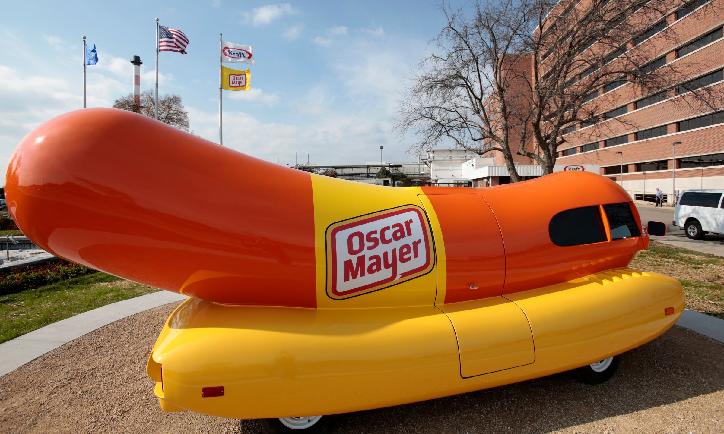 FILE - The Oscar Mayer Wienermobile sits outside the the Oscar Meyer headquarters, Oct. 27, 2014, in Madison, Wis. On Wednesday, Sept. 20, 2023, four months after announcing that the hot dog-shaped Wienermobile was changing its name to the Frankmobile, Oscar Meyer said that the one-of-a-kind wiener on wheels is reverting to the original. (M.P. King/Wisconsin State Journal via AP, File)