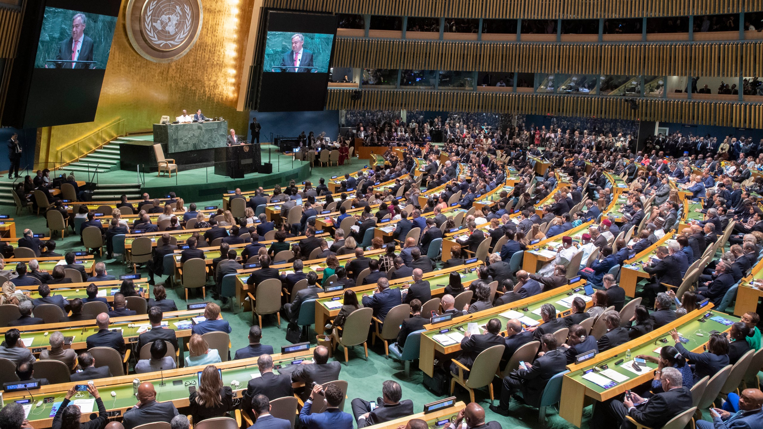 FILE - United Nations Secretary-General Antonio Guterres addresses the 74th session of the United Nations General Assembly at U.N. headquarters, Sept. 24, 2019. In 2023, the alarm rang louder and more ominously, and the message was even more pressing: Wake up and take action — right now. (AP Photo/Mary Altaffer, File)