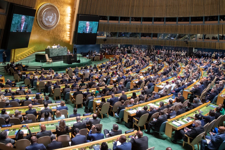 FILE - United Nations Secretary-General Antonio Guterres addresses the 74th session of the United Nations General Assembly at U.N. headquarters, Sept. 24, 2019. In 2023, the alarm rang louder and more ominously, and the message was even more pressing: Wake up and take action — right now. (AP Photo/Mary Altaffer, File)