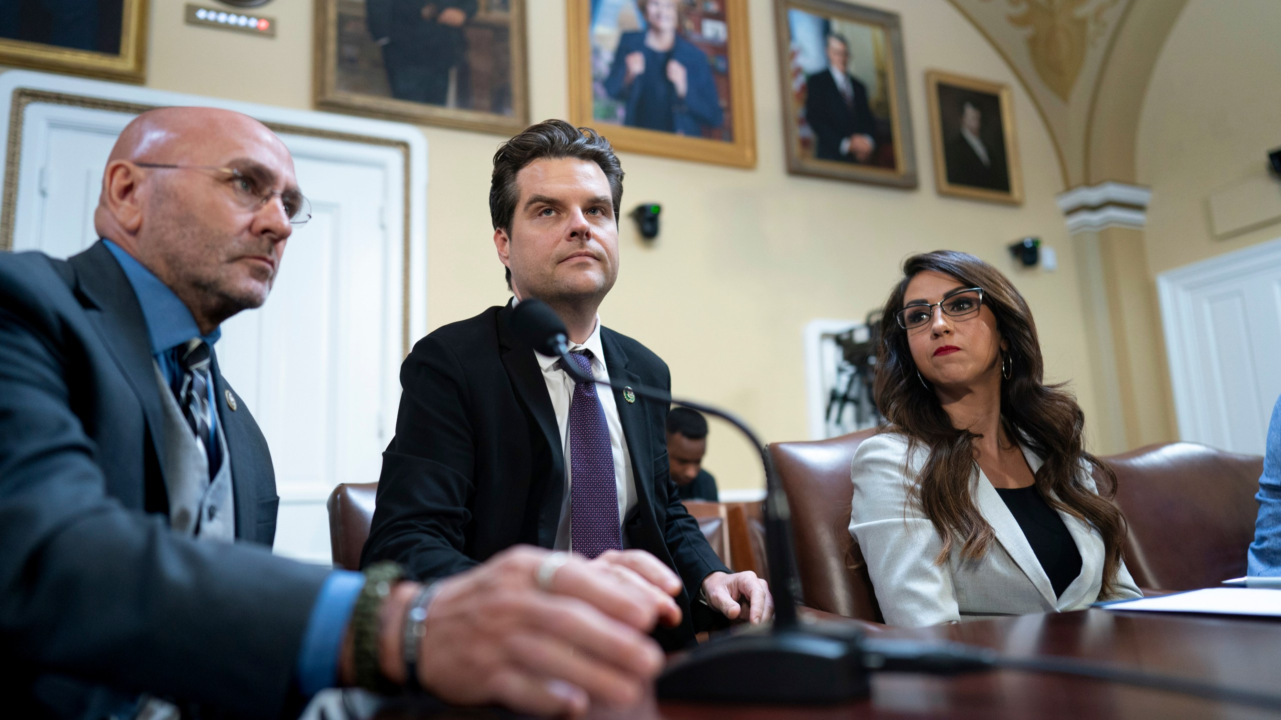 FILE - From left, Rep. Clay Higgins, R-La., Rep. Matt Gaetz, R-Fla., and Rep. Lauren Boebert, R-Colo., propose amendments to the Department of Homeland Security Appropriations Bill before the House Rules Committee, at the Capitol in Washington, Friday, Sept. 22, 2023. (AP Photo/J. Scott Applewhite, File)