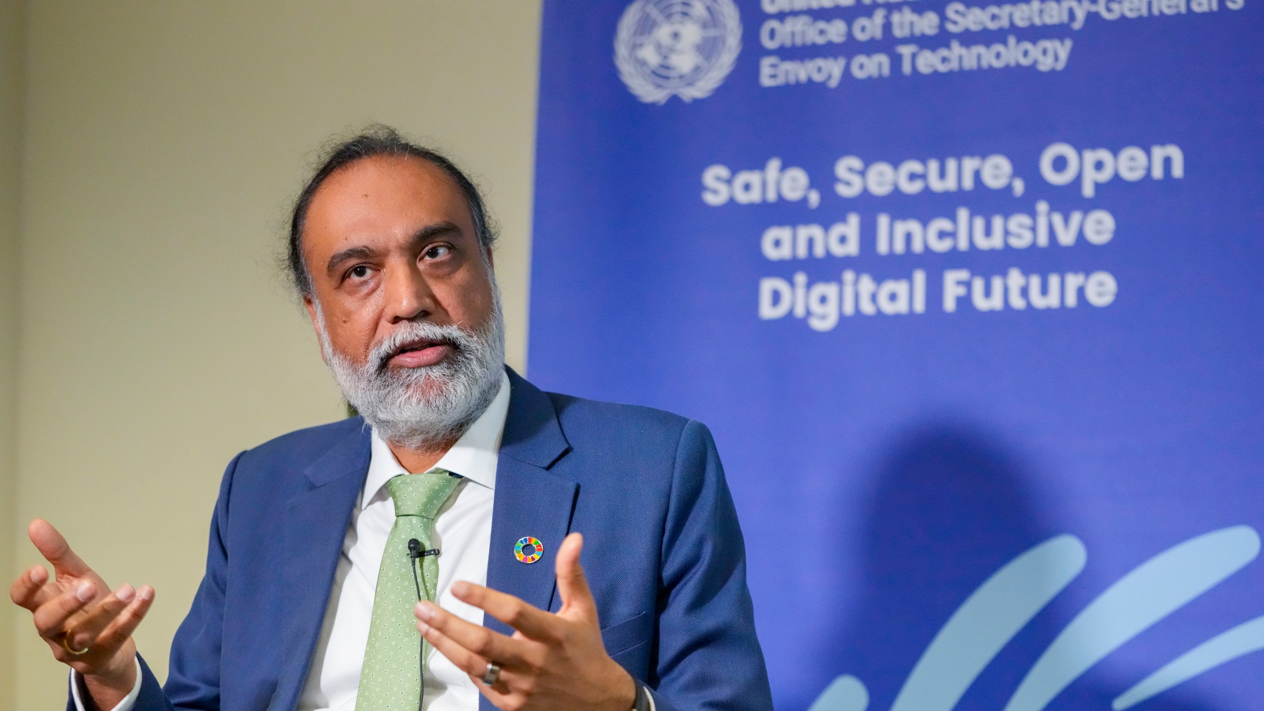 Amandeep Singh Gill, the United Nations tech policy chief, speaks during an interview with The Associated Press, Friday, Sept. 22, 2023, at U.N. headquarters. (AP Photo/Mary Altaffer)