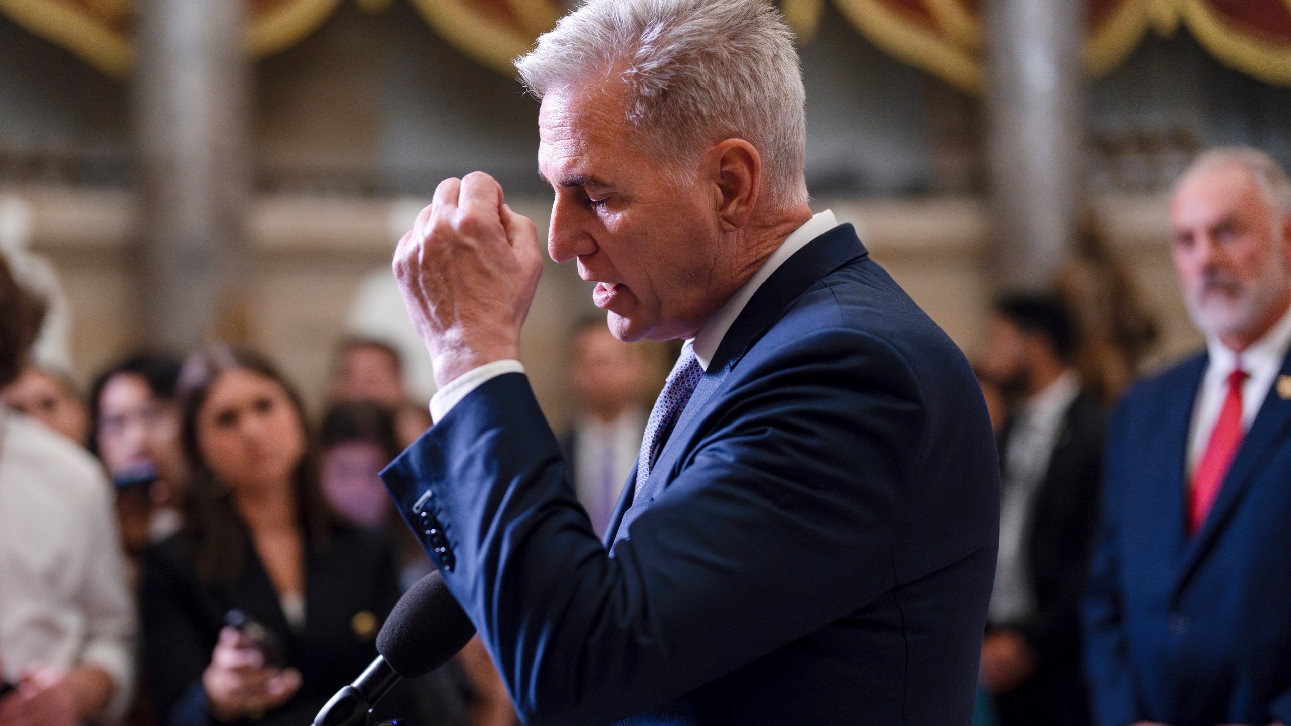 House Speaker Kevin McCarthy, R-Calif., talks to reporters just after voting to advance appropriations bills on the House floor, at the Capitol in Washington, Tuesday night, Sept. 26, 2023. (AP Photo/J. Scott Applewhite)