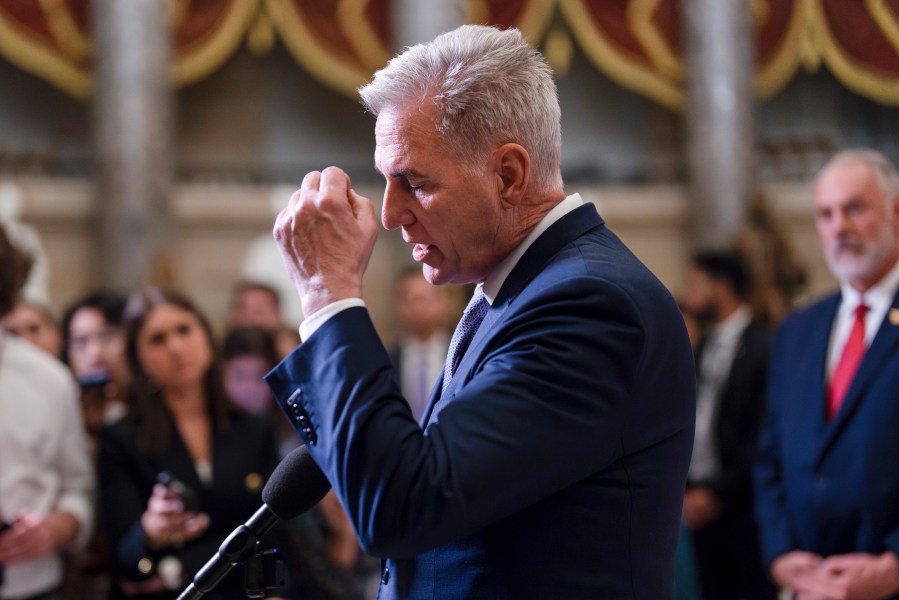 House Speaker Kevin McCarthy, R-Calif., talks to reporters just after voting to advance appropriations bills on the House floor, at the Capitol in Washington, Tuesday night, Sept. 26, 2023. (AP Photo/J. Scott Applewhite)