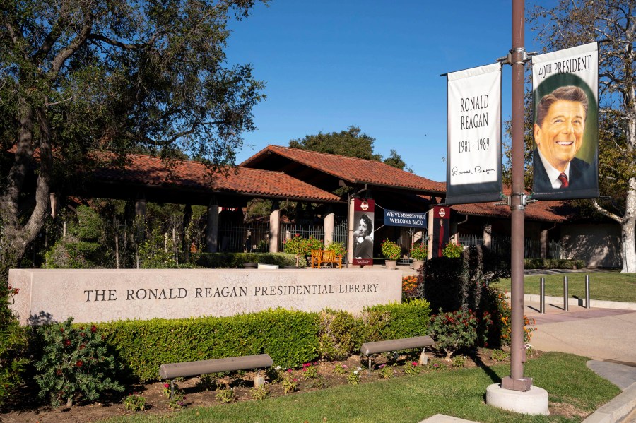 FILE - The Ronald Reagan Presidential Library and Museum entrance in Simi Valley, Calif., Nov. 3, 2021. The second Republican presidential debate is drawing near with a smaller on-stage lineup than last month's event. The two-hour debate starts at 9 p.m. ET on Wednesday, Sept. 27, 2023, at the Ronald Reagan Presidential Library in California. (David Crane/The Orange County Register via AP, File)