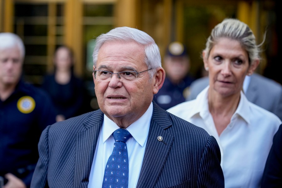 Sen. Bob Menendez and his wife, Nadine Menendez, leave federal court, Wednesday, Sept. 27, 2023, in New York. Menendez pled not guilty to federal charges alleging he used his powerful post to secretly advance Egyptian interests and carry out favors for local businessmen in exchange for bribes of cash and gold bars. (AP Photo/Seth Wenig)