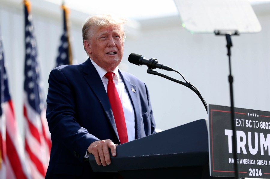 FILE - Former President Donald Trump speaks at a rally in Summerville, S.C., Monday, Sept. 25, 2023. As his Republican rivals gather on stage in California for their second primary debate, former President Donald Trump will be in battleground Michigan Wednesday night working to win over blue collar voters in the midst of an autoworkers’ strike. (AP Photo/Artie Walker Jr., File)