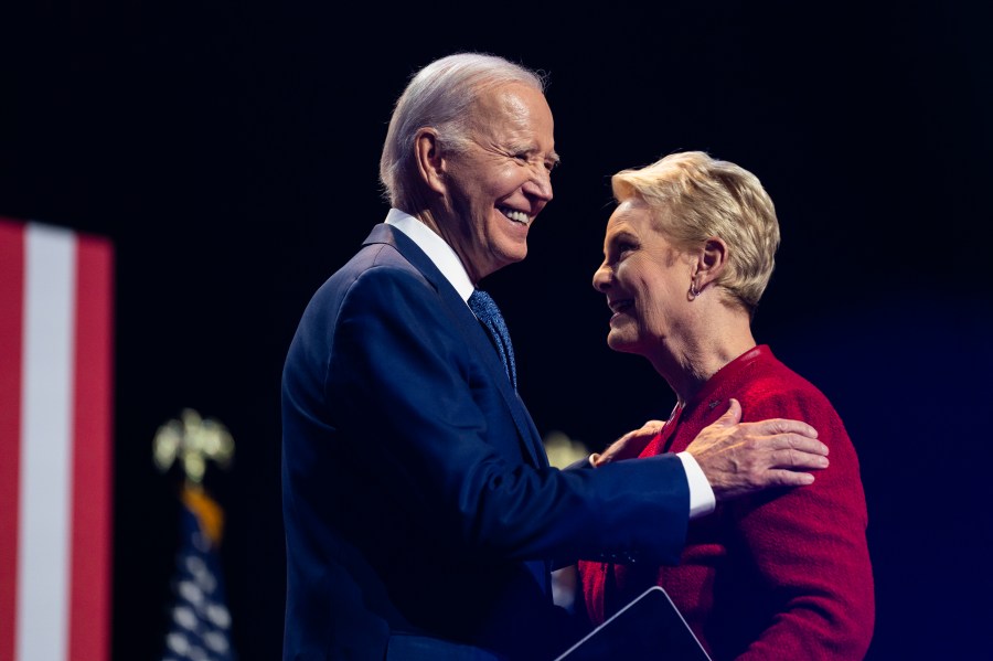 Cindy McCain, wife of late Sen. John McCain, greets President Joe Biden as he arrives to deliver remarks on democracy and honoring the legacy of Sen. McCain at the Tempe Center for the Arts, Thursday, Sept. 28, 2023, in Tempe, Ariz. (AP Photo/Evan Vucci)