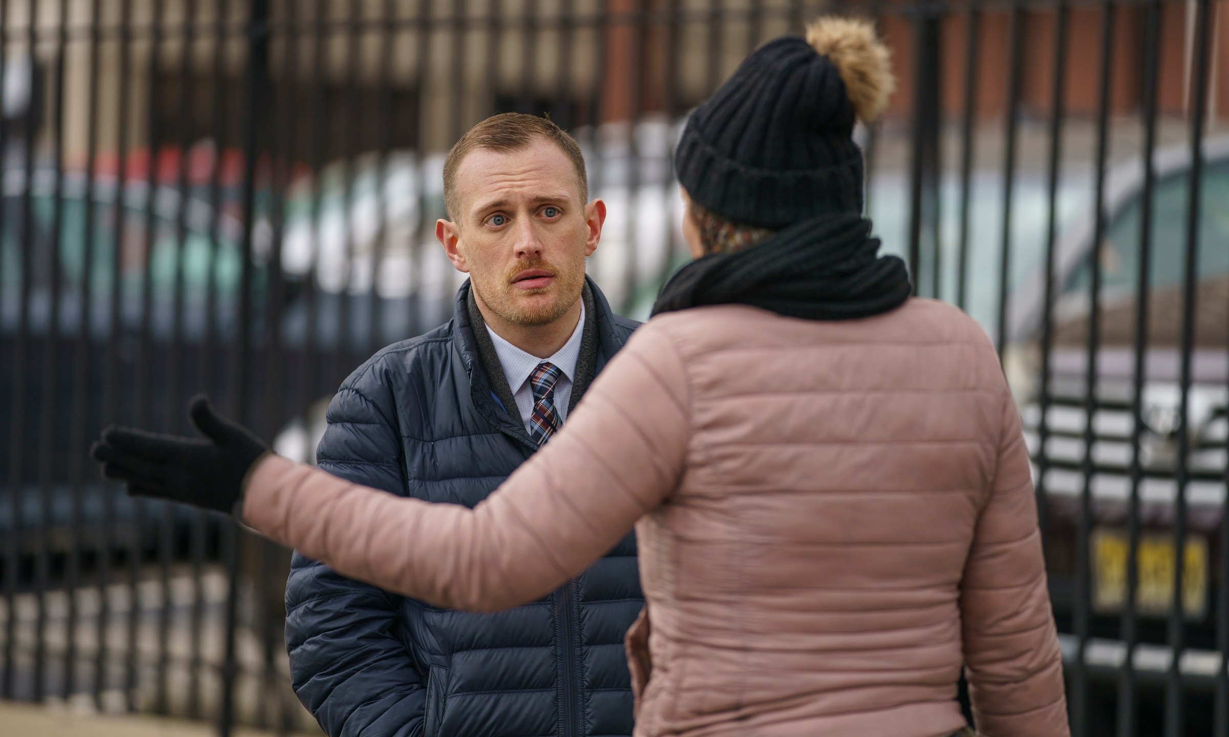 Josh Kruger, left, then the Communications Director, the Office of Homeless Services at City of Philadelphia, at a tent encampment in Philadelphia, on Jan. 6, 2020. The journalist and advocate who rose from homelessness and addiction to serve as a spokesperson for Philadelphia's most vulnerable was shot and killed at his home early Monday, Oct. 2, 2023 police said. (Jessica Griffin/The Philadelphia Inquirer via AP)