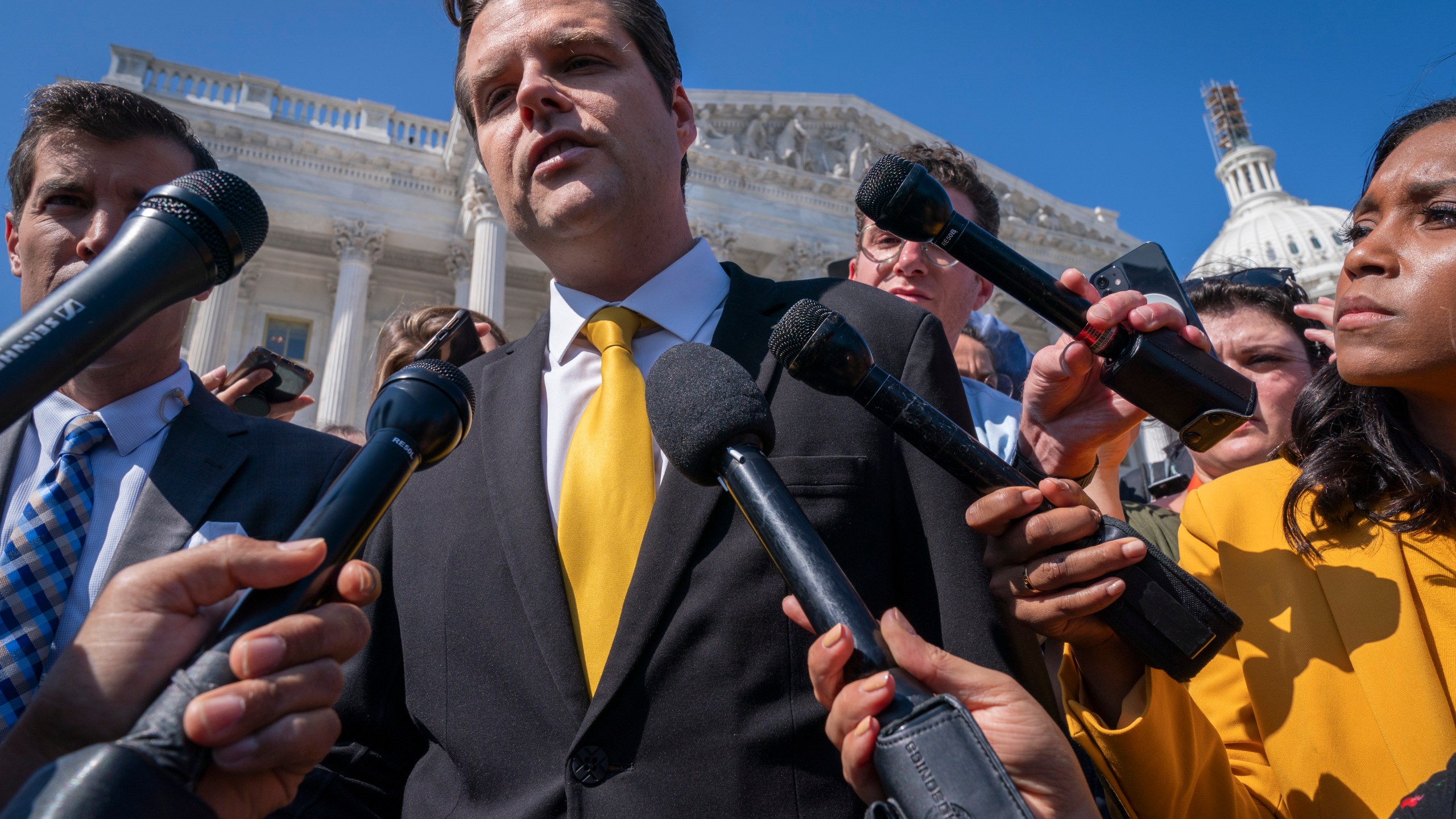 Rep. Matt Gaetz, R-Fla., one of House Speaker Kevin McCarthy's harshest critics, answers questions from members of the media after speaking on the House floor, at the Capitol in Washington, Monday, Oct. 2, 2023. Gaetz has said he plans to use a procedural tool called a motion to vacate to try and strip McCarthy of his office as soon as this week. (AP Photo/Jacquelyn Martin)