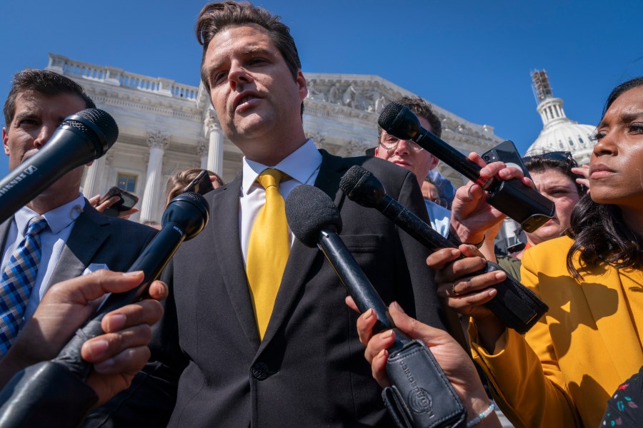 Rep. Matt Gaetz, R-Fla., one of House Speaker Kevin McCarthy's harshest critics, answers questions from members of the media after speaking on the House floor, at the Capitol in Washington, Monday, Oct. 2, 2023. Gaetz has said he plans to use a procedural tool called a motion to vacate to try and strip McCarthy of his office as soon as this week. (AP Photo/Jacquelyn Martin)