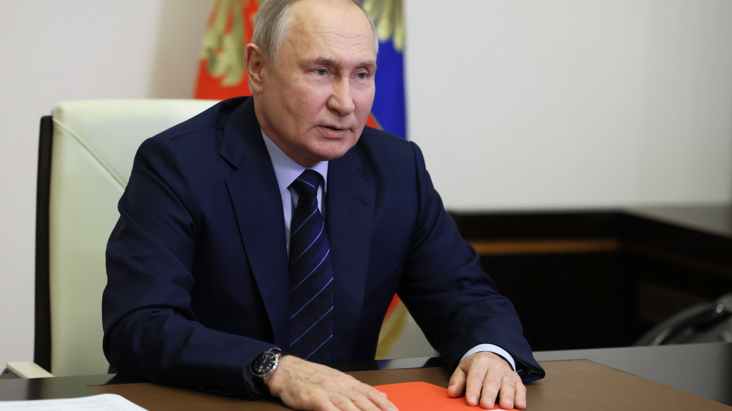 Russian President Vladimir Putin chairs a meeting with members of the Security Council via videoconference at the Novo-Ogaryovo state residence, outside Moscow, Russia, Tuesday, Oct. 3, 2023. (Mikhail Metzel, Sputnik, Kremlin Pool Photo via AP)