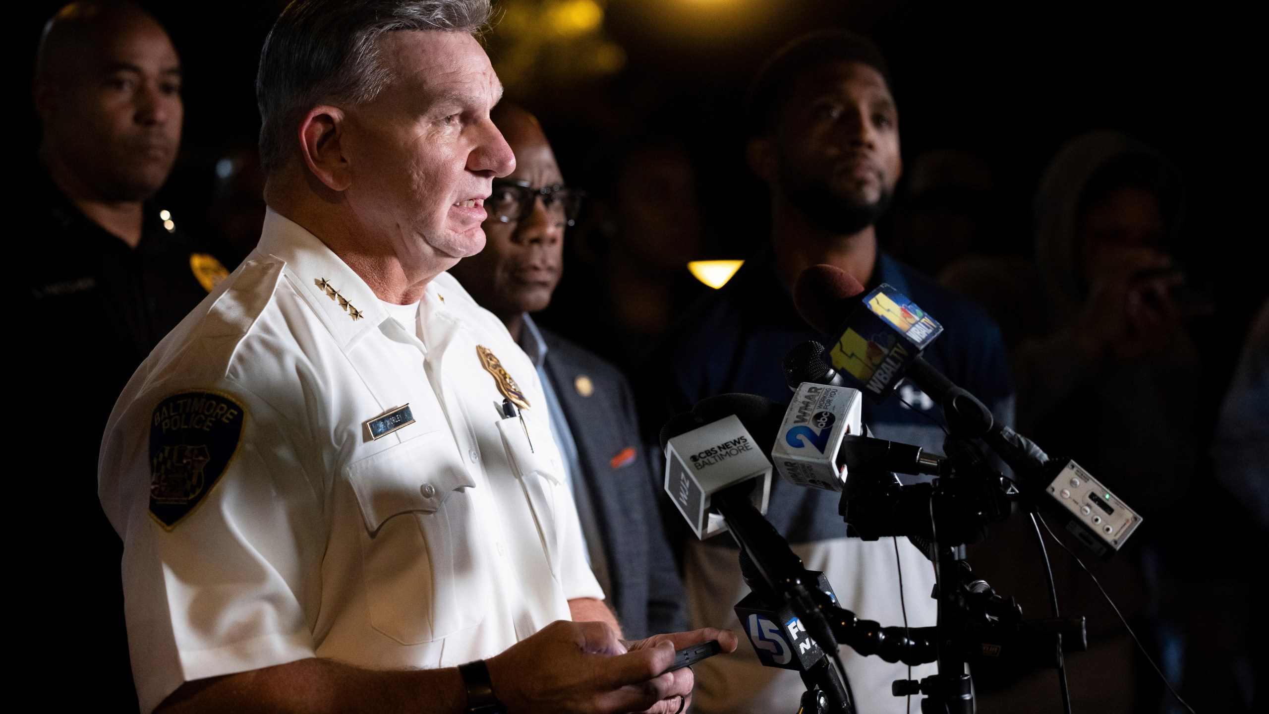 Commissioner Rich Worley speaks at a news conference at Morgan State University after a shooting, Wednesday, Oct. 4, 2023, in Baltimore. Multiple people were wounded, none critically, in a shooting that interrupted a homecoming week celebration at the university in Baltimore on Tuesday and prompted an hourslong lockdown of the historically Black college. (AP Photo/Julia Nikhinson)