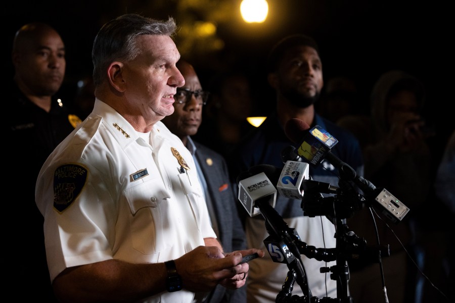 Commissioner Rich Worley speaks at a news conference at Morgan State University after a shooting, Wednesday, Oct. 4, 2023, in Baltimore. Multiple people were wounded, none critically, in a shooting that interrupted a homecoming week celebration at the university in Baltimore on Tuesday and prompted an hourslong lockdown of the historically Black college. (AP Photo/Julia Nikhinson)