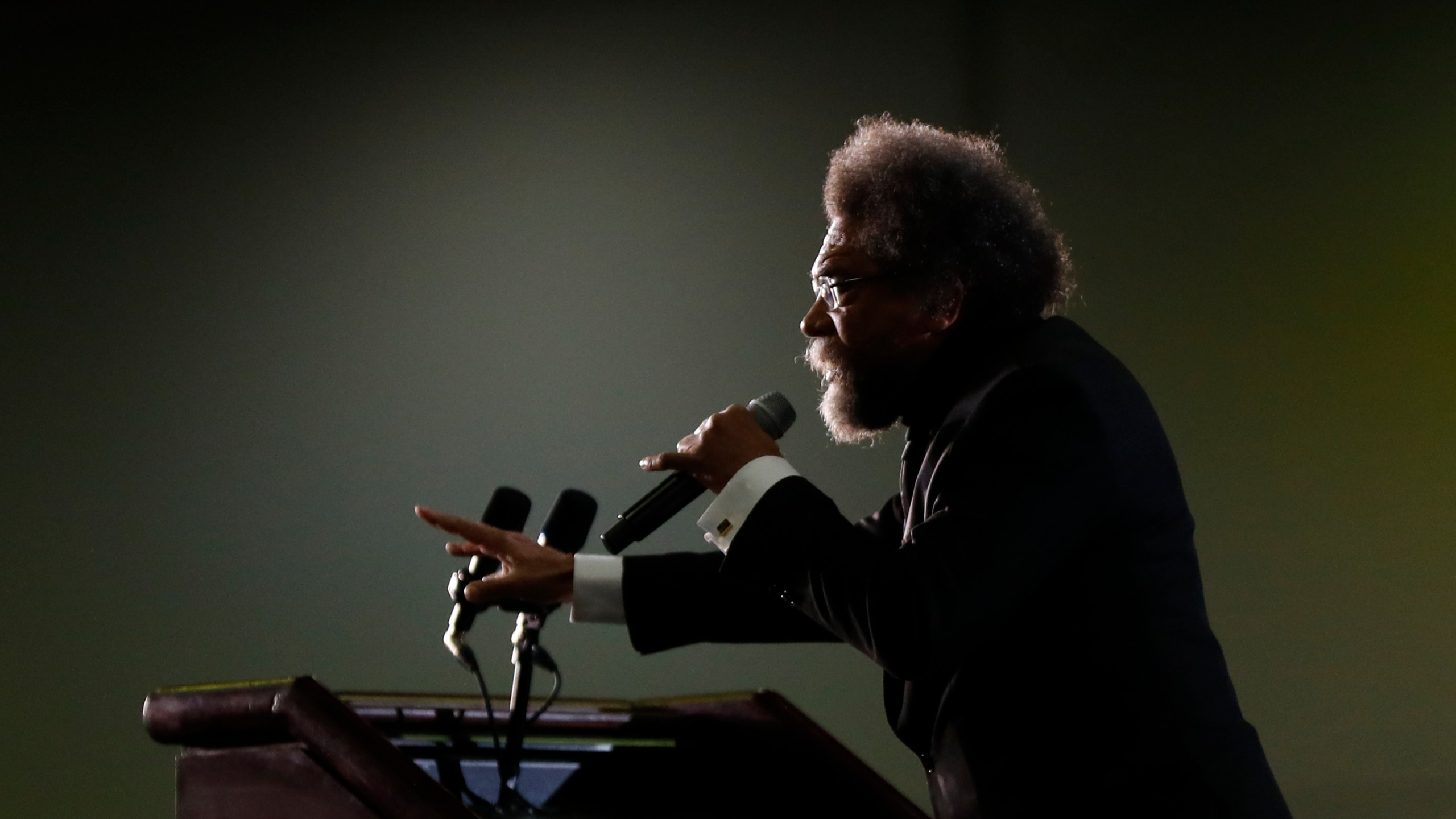 FILE - Political activist Cornel West speaks at a campaign rally for Democratic presidential candidate Sen. Bernie Sanders, I-Vt., in Detroit, Friday, March 6, 2020. Progressive activist Cornel West will run for president in 2024 as an independent, not as a member of the Green Party, his campaign said Thursday, Oct. 5, 2023. (AP Photo/Paul Sancya, File)