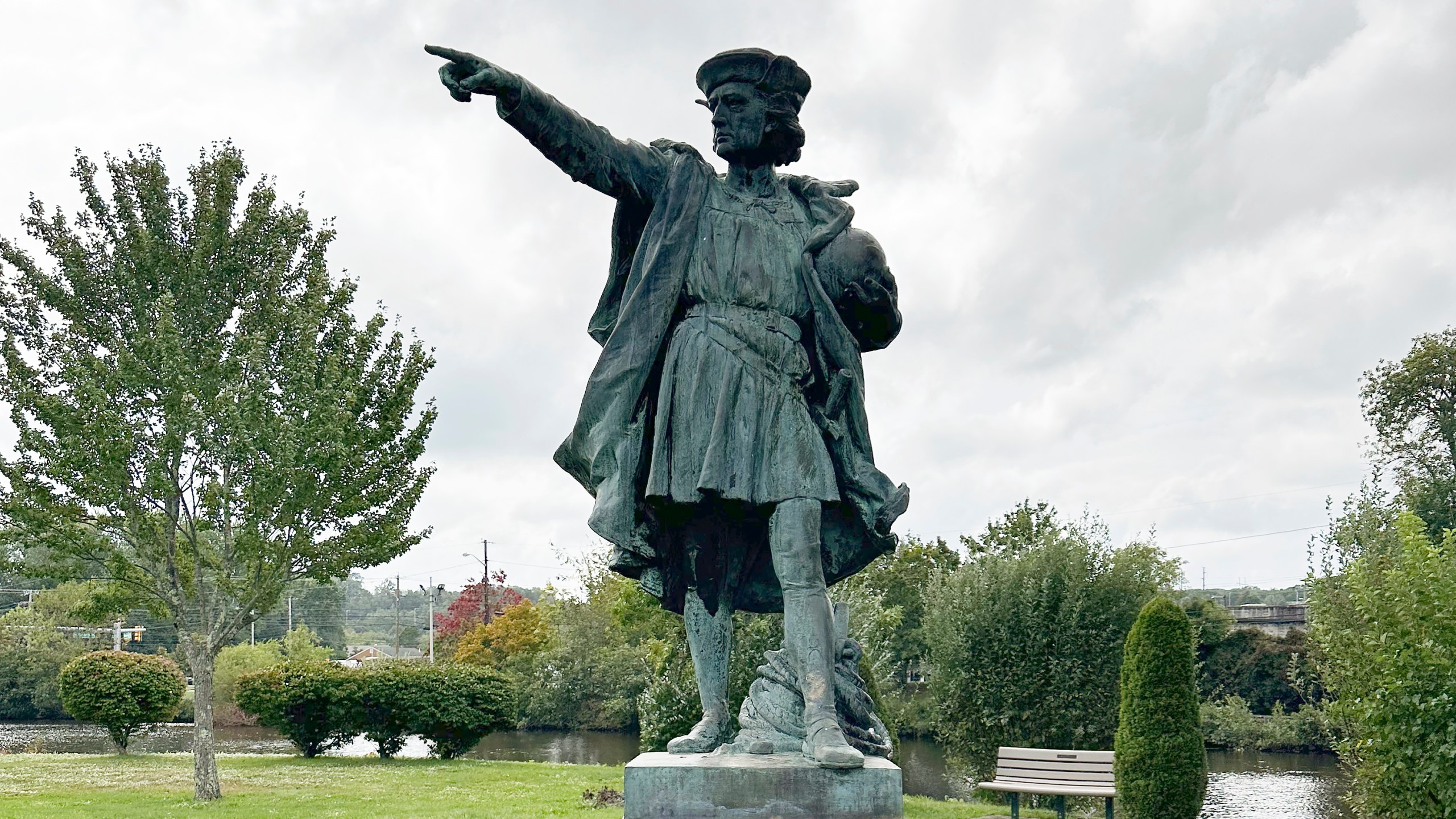 In this photo provided by Johnston, R.I., Mayor Joseph Polisena, Jr., a statue of Christopher Columbus stands in a park Tuesday, Sept. 26, 2023, in Johnston, R.I. Three years after the statue was removed from a square in Providence, R.I., following protests sparked by the murder of George Floyd by police, the statue has re-emerged, this time in the park, in Johnston. (Johnston Mayor Joseph Polisena, Jr. via AP)