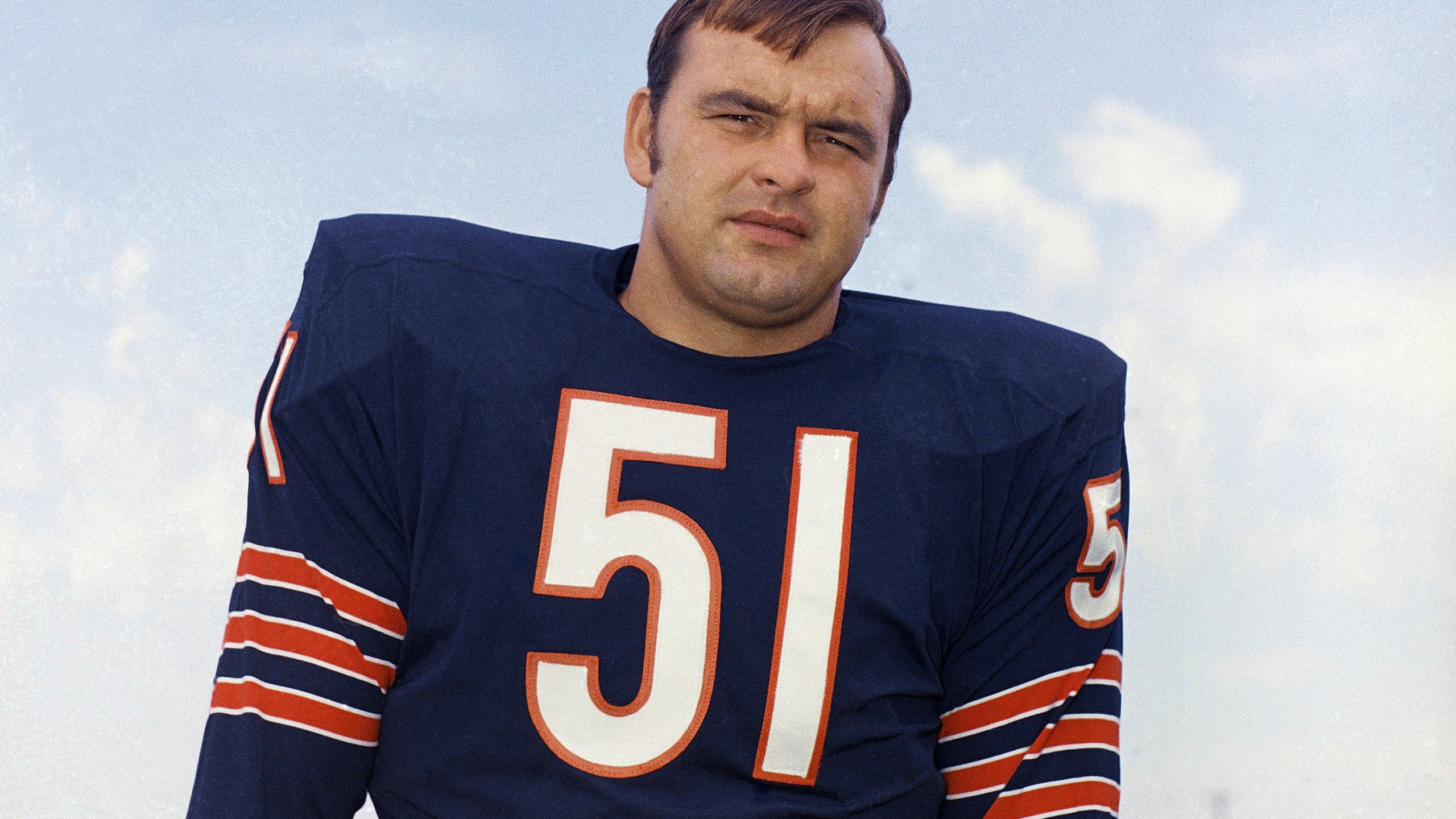 FILE - Chicago Bears linebacker Dick Butkus poses for a photo in 1970. Butkus, a fearsome middle linebacker for the Bears, has died, the team announced Thursday, Oct. 5, 2023. He was 80. According to a statement released by the team, Butkus' family confirmed that he died in his sleep overnight at his home in Malibu, Calif. (AP Photo, File)