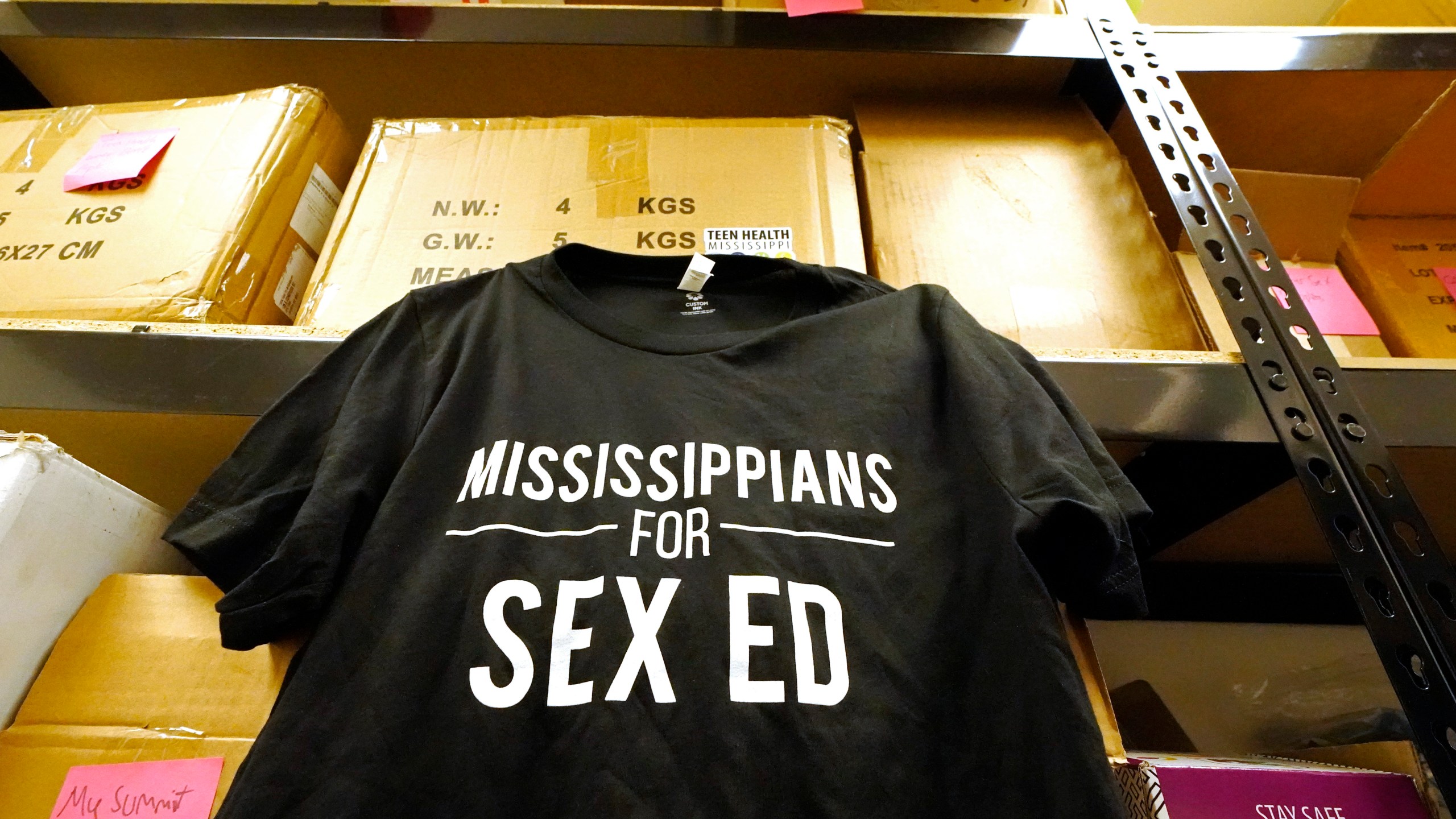 A t-shirt signifying the wearer supports sex education and photographed Tuesday, Sept. 26, 2023, in Jackson, Miss., is made available by Teen Health Mississippi, an organization that works to improve access to high-quality sex ed and youth-friendly healthcare. The shirt is sometimes worn by staff and youth partners to help facilitate group discussions among other youth and the community at large. (AP Photo/Rogelio V. Solis)