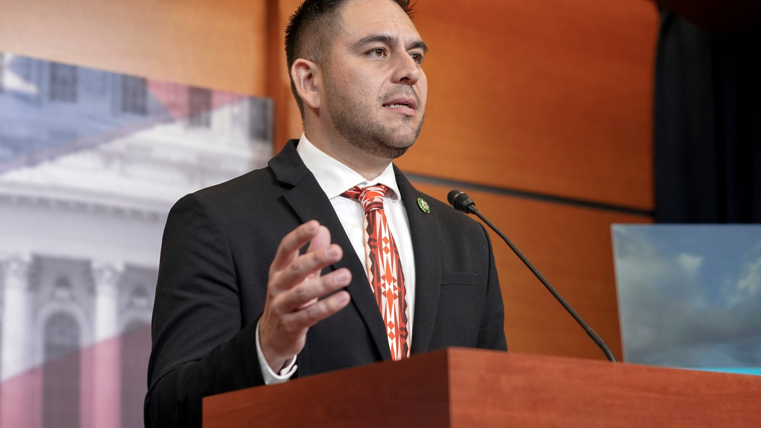 FILE -Rep. Gabe Vasquez, D-N.M., speaks during a news conference to announce the bipartisan Southwest Caucus, Thursday, June 15, 2023, on Capitol Hill in Washington. A New Mexico state judge ruled against a Republican Party challenge of new congressional boundaries approved by Democrats that divvied up a politically conservative oil-producing region, in an order published Friday, Oct. 6, 2023. New Mexico’s 2nd District is one of about a dozen that are in the spotlight nationally as Republicans campaign to hold onto their slim majority in the U.S. House of Representatives in 2024. (AP Photo/Mariam Zuhaib, File)