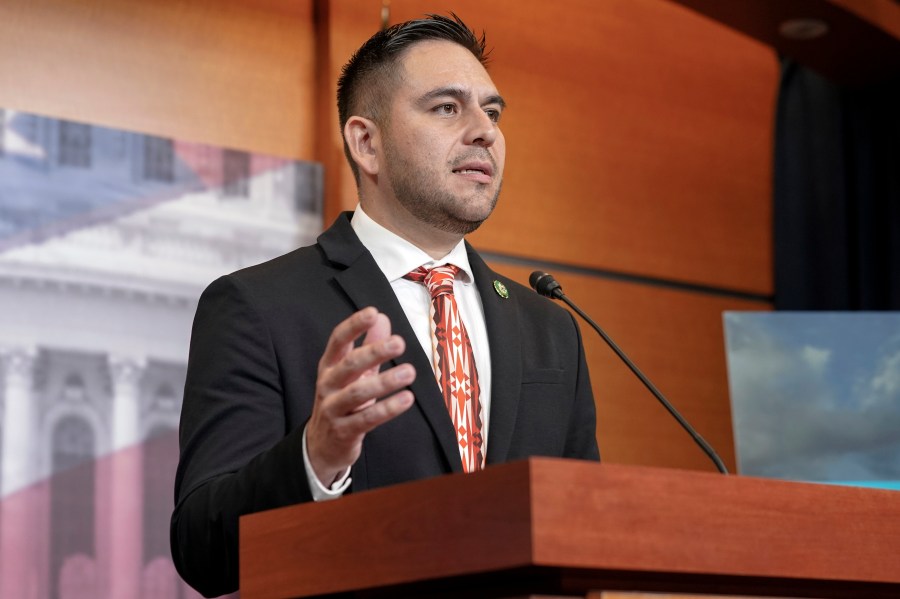 FILE -Rep. Gabe Vasquez, D-N.M., speaks during a news conference to announce the bipartisan Southwest Caucus, Thursday, June 15, 2023, on Capitol Hill in Washington. A New Mexico state judge ruled against a Republican Party challenge of new congressional boundaries approved by Democrats that divvied up a politically conservative oil-producing region, in an order published Friday, Oct. 6, 2023. New Mexico’s 2nd District is one of about a dozen that are in the spotlight nationally as Republicans campaign to hold onto their slim majority in the U.S. House of Representatives in 2024. (AP Photo/Mariam Zuhaib, File)