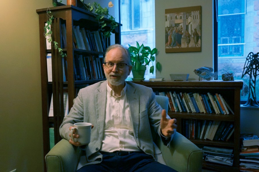 Paul Ruff, a licensed psychologist and director of counseling services at Saint Paul Seminary, discusses the importance of ongoing formation for Catholic seminarians and priests in his office in St. Paul, Minn., on Friday, Sept. 29, 2023. Ruff says a robust prayer life is important to mental health, but so are activities like workshops that can help overcome the isolation that many clergy feel. (AP Photo/Giovanna Dell'Orto)