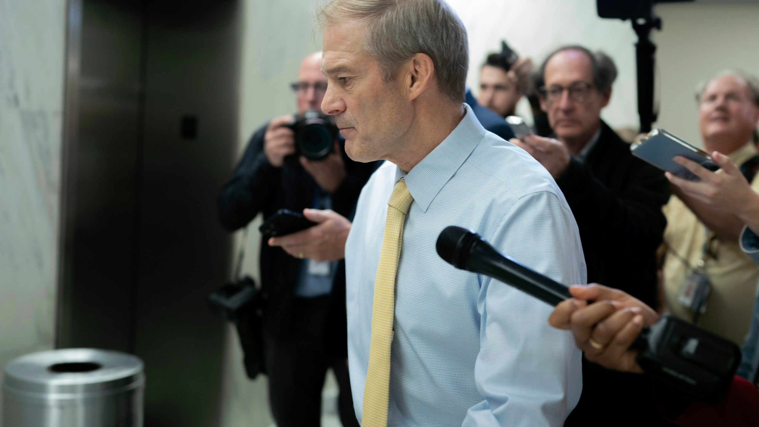 Rep. Jim Jordan, R-Ohio, chairman of the House Judiciary Committee is followed by reporters as he leaves a meeting at the Capitol in Washington, Tuesday, Oct. 10, 2023. House business and most congressional action has come to a standstill after Rep. Kevin McCarthy, R-Calif., was ousted as speaker by conservatives in his own party. (AP Photo/Jose Luis Magana)