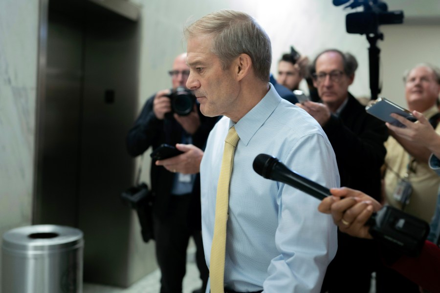 Rep. Jim Jordan, R-Ohio, chairman of the House Judiciary Committee is followed by reporters as he leaves a meeting at the Capitol in Washington, Tuesday, Oct. 10, 2023. House business and most congressional action has come to a standstill after Rep. Kevin McCarthy, R-Calif., was ousted as speaker by conservatives in his own party. (AP Photo/Jose Luis Magana)