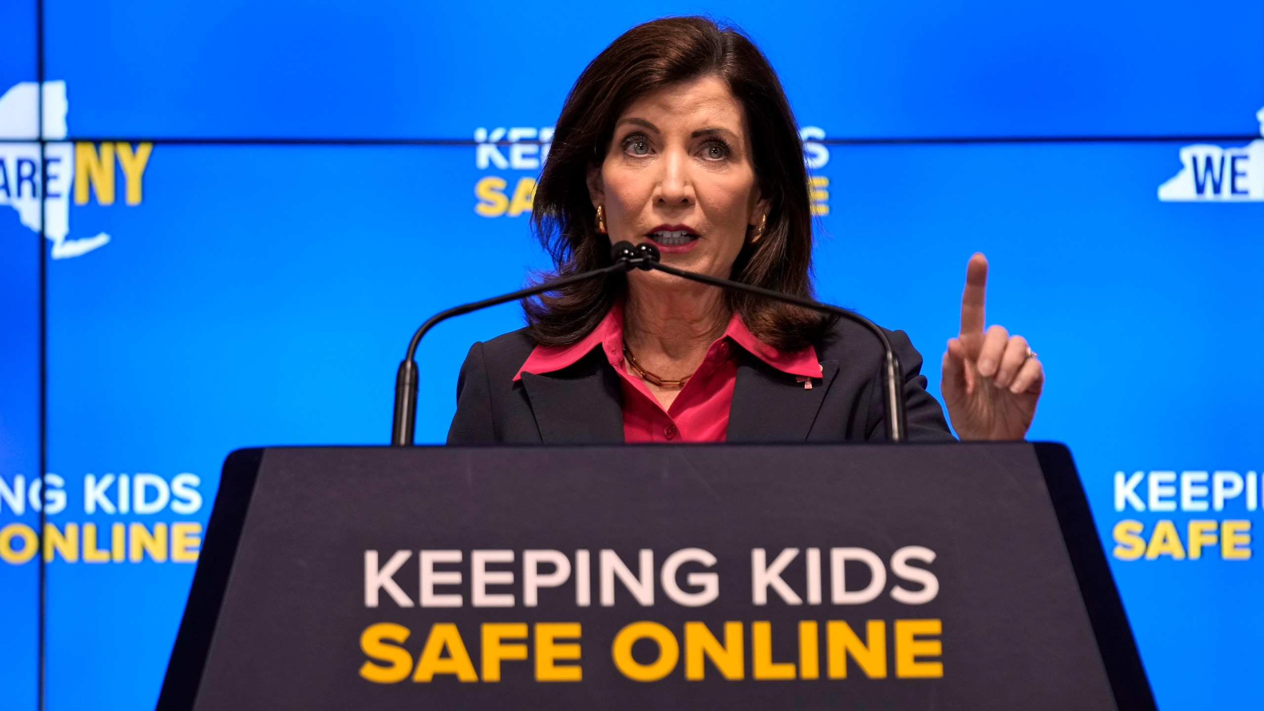 New York Gov. Kathy Hochul speaks during a news conference in New York, Wednesday, Oct. 11, 2023. New York is bidding to put new controls on social media platforms that state leaders say will protect the mental health of younger users. (AP Photo/Seth Wenig)