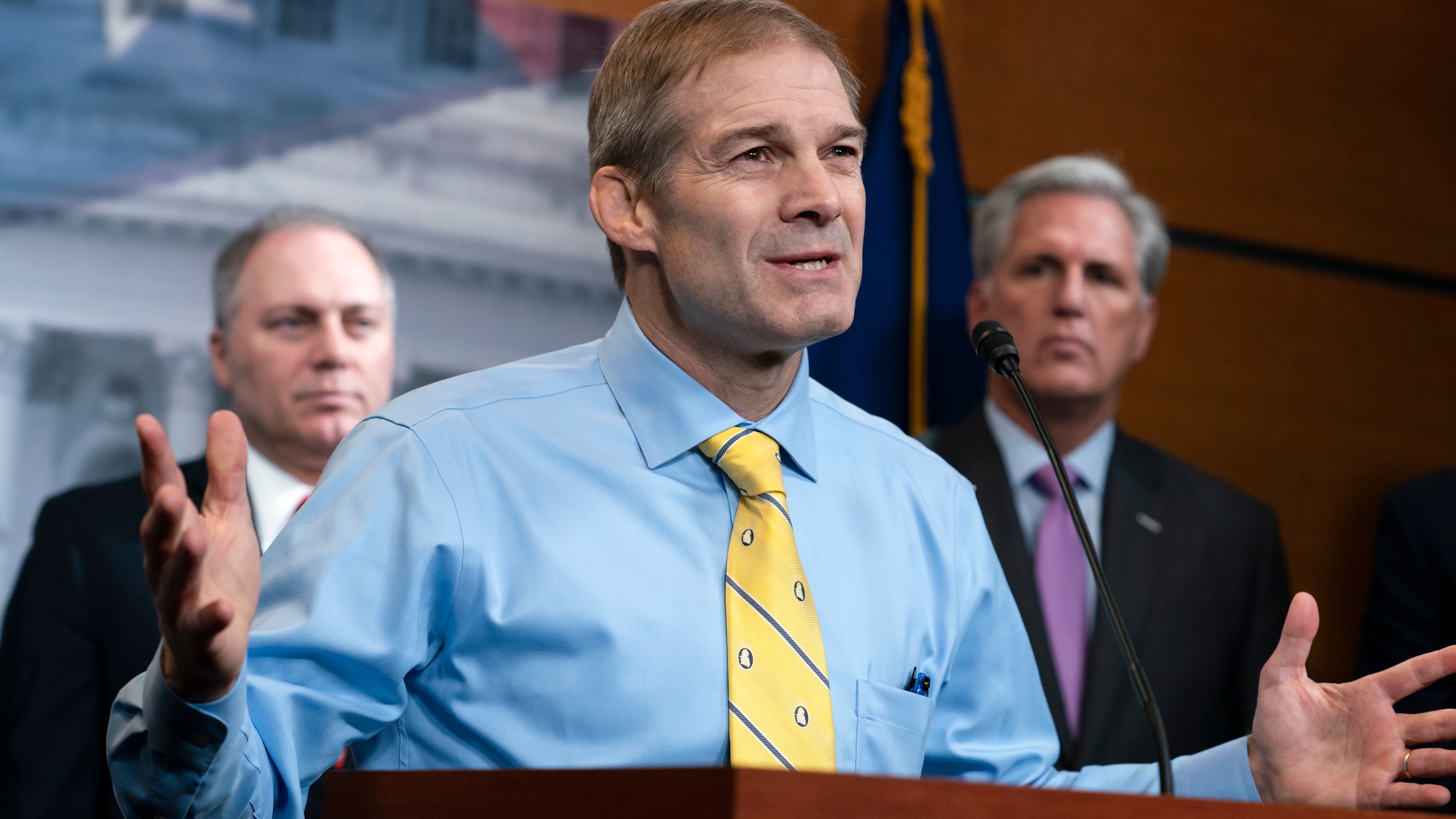 FILE - Rep. Jim Jordan, R-Ohio, center, is flanked by Rep. Steve Scalise, R-La., left, and House Republican Leader Kevin McCarthy, D-Calif., as they criticize Democrats for launching a formal impeachment inquiry against President Donald Trump, at the Capitol in Washington, Wednesday, Sept. 25, 2019. Jordan, now chairman of the House Judiciary Committee and a staunch ally of former President Donald Trump, is emerging as a contender to replace House Speaker Kevin McCarthy who was voted out of the job by a contingent of hard-right conservatives this week. (AP Photo/J. Scott Applewhite, File)