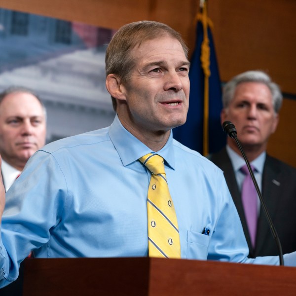 FILE - Rep. Jim Jordan, R-Ohio, center, is flanked by Rep. Steve Scalise, R-La., left, and House Republican Leader Kevin McCarthy, D-Calif., as they criticize Democrats for launching a formal impeachment inquiry against President Donald Trump, at the Capitol in Washington, Wednesday, Sept. 25, 2019. Jordan, now chairman of the House Judiciary Committee and a staunch ally of former President Donald Trump, is emerging as a contender to replace House Speaker Kevin McCarthy who was voted out of the job by a contingent of hard-right conservatives this week. (AP Photo/J. Scott Applewhite, File)