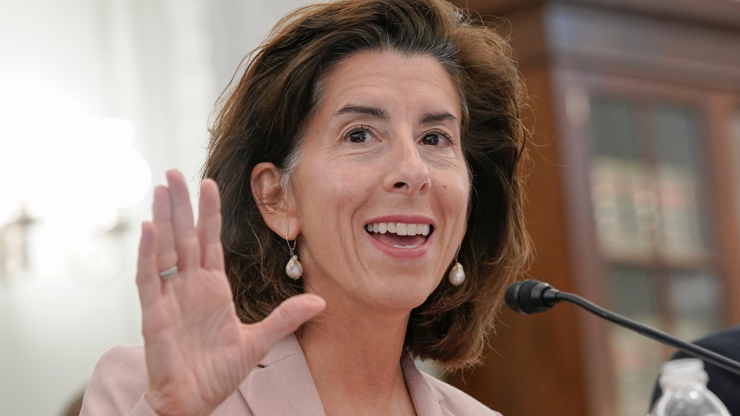 FILE - Commerce Secretary Gina Raimondo testifies during a Senate Commerce, Science, and Transportation hearing Oct. 4, 2023, on Capitol Hill in Washington. The Commerce Department on Oct. 17 updated and broadened its export controls to stop China from acquiring advanced computer chips and the equipment to manufacture them. (AP Photo/Mariam Zuhaib, File)