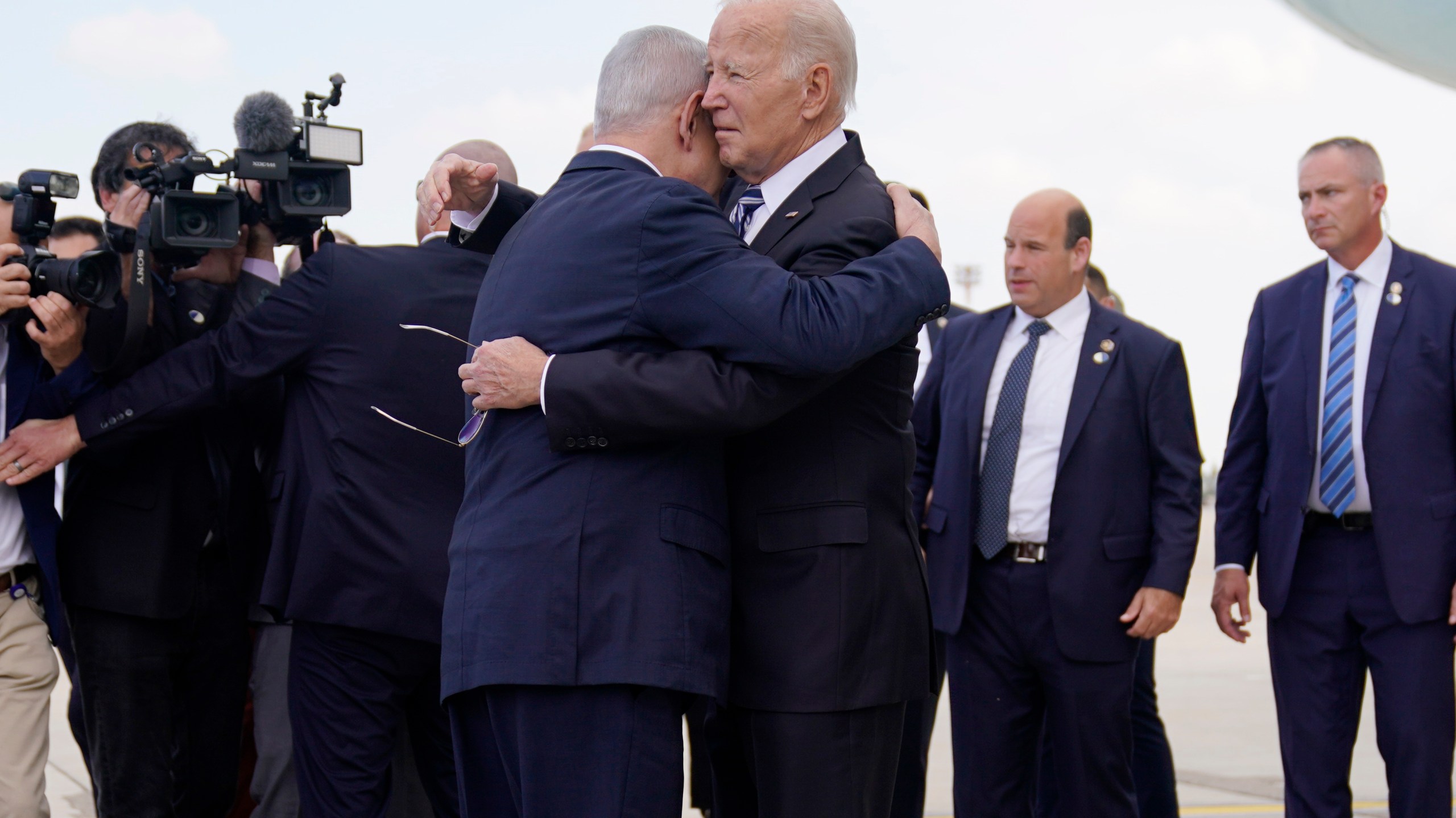 President Joe Biden is greeted by Israeli Prime Minister Benjamin Netanyahu after arriving at Ben Gurion International Airport, Wednesday, Oct. 18, 2023, in Tel Aviv. (AP Photo/Evan Vucci)