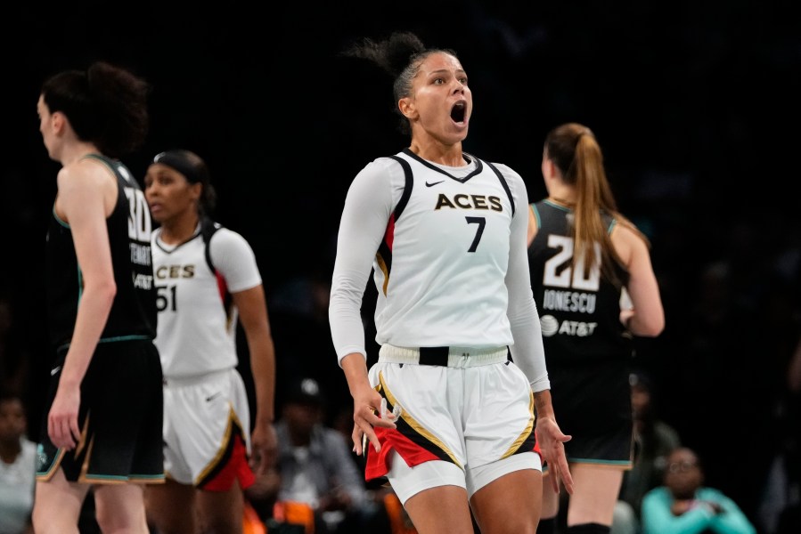 Las Vegas Aces' Alysha Clark (7) reacts to a call during the second half in Game 4 of a WNBA basketball final playoff series against the New York Liberty Wednesday, Oct. 18, 2023, in New York. The Aces won 70-69. (AP Photo/Frank Franklin II)