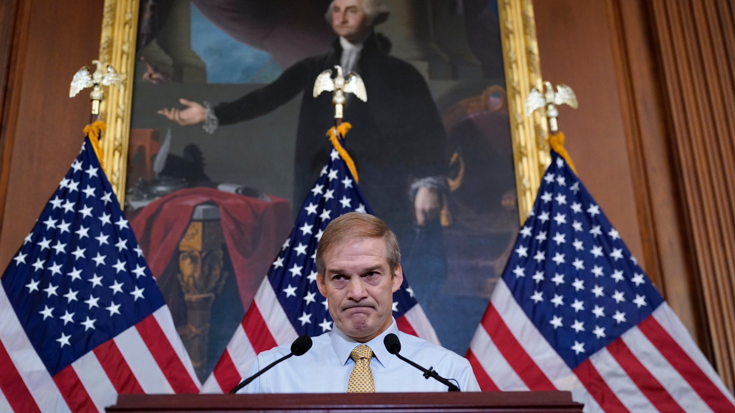 FILE - Rep. Jim Jordan, R-Ohio, House Judiciary chairman and staunch ally of Donald Trump, meets with reporters at the Capitol in Washington, Friday, Oct. 20, 2023. The Republican dysfunction that has ground business in the U.S. House to a halt as two wars rage abroad and a budget crisis looms at home is contributing to a deep loss of faith in American institutions. The pessimism extends beyond Congress, with recent polling showing a widespread mistrust in everything from the courts to organized religion. (AP Photo/J. Scott Applewhite, File)