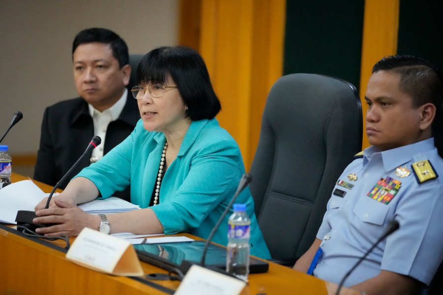 Philippine Foreign Affairs spokesperson, Ambassador Teresita Daza, second from left, answers questions about an incident involving Chinese ships and Philippine military-run ships and coast guard during a press conference In Quezon City, Philippines on Monday, Oct. 23, 2023. A Chinese coast guard ship and an accompanying vessel rammed a Philippine coast guard ship and a military-run supply boat Sunday off a contested shoal, Philippine officials said, in an encounter that heightened fears of an armed conflict in the disputed South China Sea. (AP Photo/Aaron Favila)