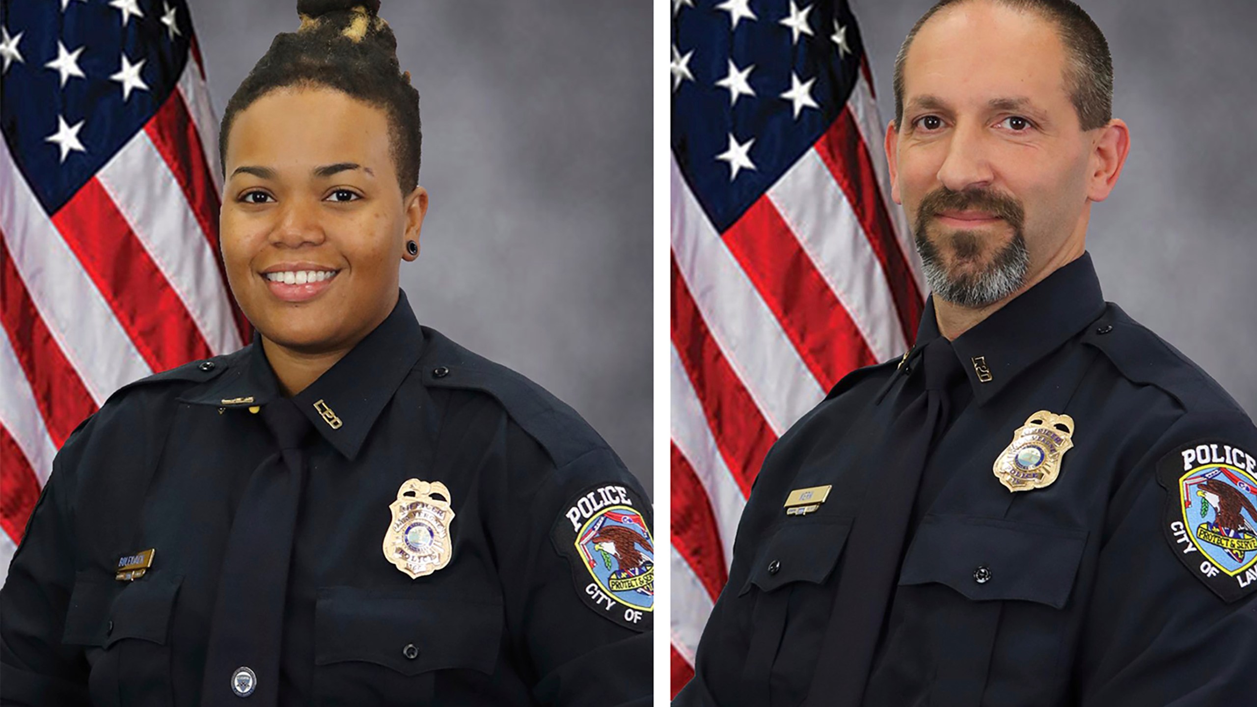 These images provided by the City of La Vergne shows La Vergne Police Officers Ashely Boleyjack and Gregory Kern. Police in Tennessee were searching Sunday, Oct. 22, 2023 for the estranged son of Nashville's police chief as the suspect in the shooting of the two police officers outside a Dollar General store. (City of La Vergne via AP)