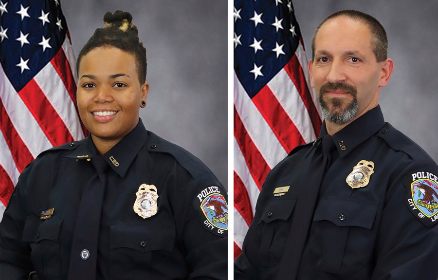 These images provided by the City of La Vergne shows La Vergne Police Officers Ashely Boleyjack and Gregory Kern. Police in Tennessee were searching Sunday, Oct. 22, 2023 for the estranged son of Nashville's police chief as the suspect in the shooting of the two police officers outside a Dollar General store. (City of La Vergne via AP)