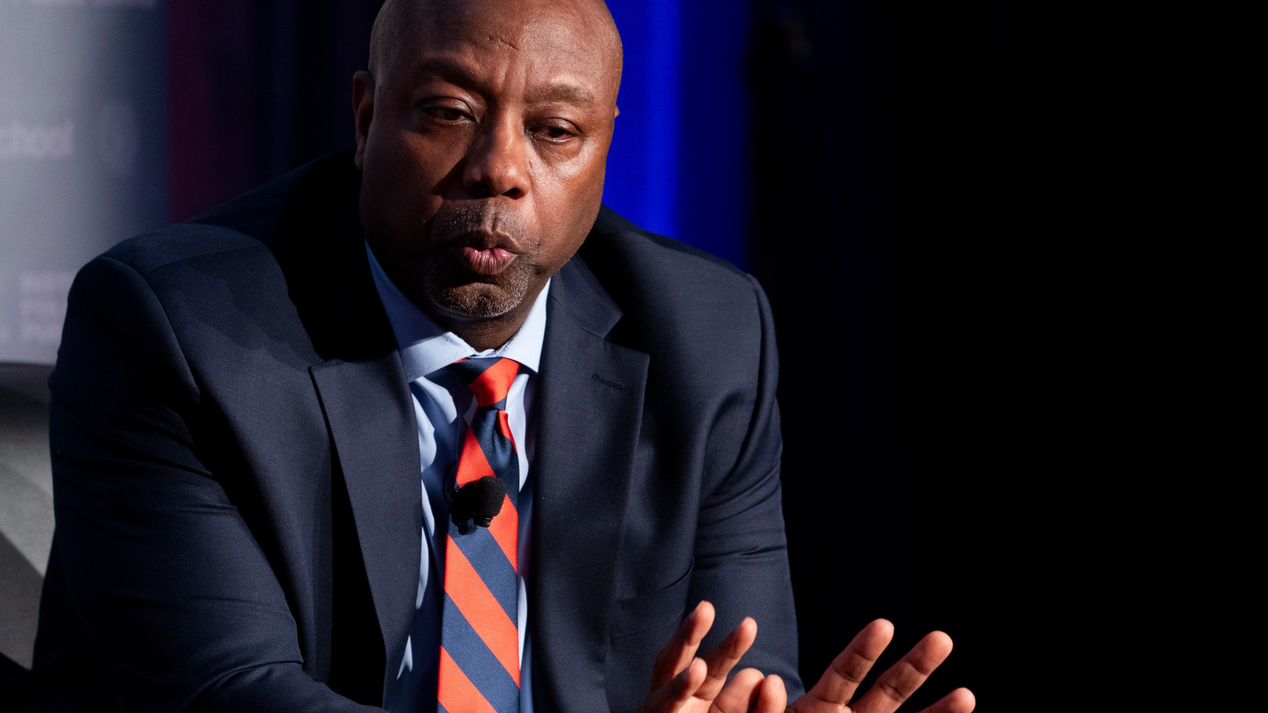 Republican presidential candidate Sen. Tim Scott, R-S.C. answers questions during an Associated Press 2024 GOP Presidential Candidates Conversations on National Security and Foreign Policy event, held in partnership with Georgetown University's Institute of Politics and Public Service, at Georgetown University in Washington, Monday, Oct. 16, 2023. (AP Photo/Stephanie Scarbrough)