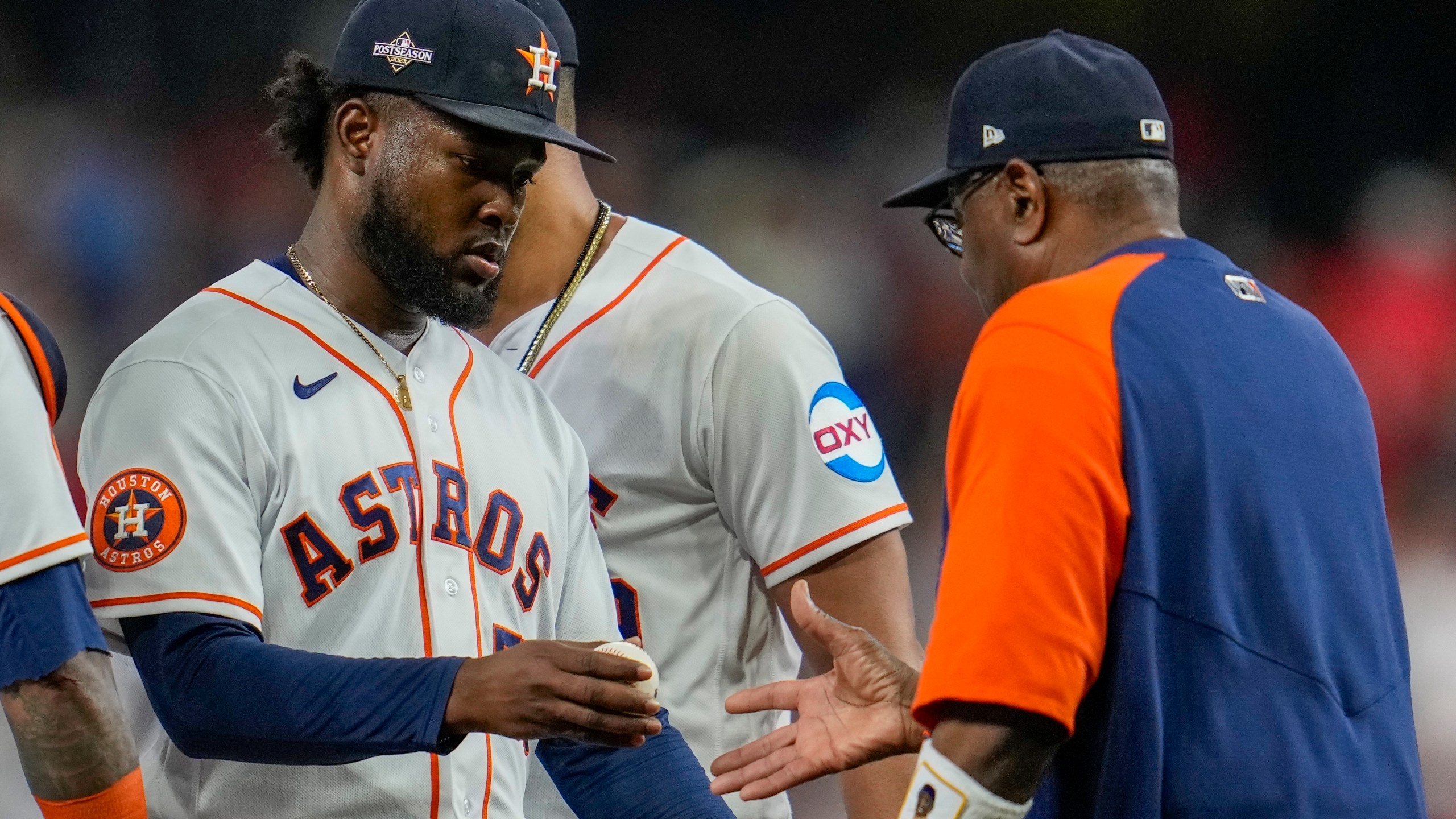 Houston Astros manager Dusty Baker takes starting pitcher Cristian Javier out of the game during the first inning of Game 6 of the baseball AL Championship Series against the Texas Rangers Monday, Oct. 23, 2023, in Houston. (AP Photo/Godofredo A. Vásquez)