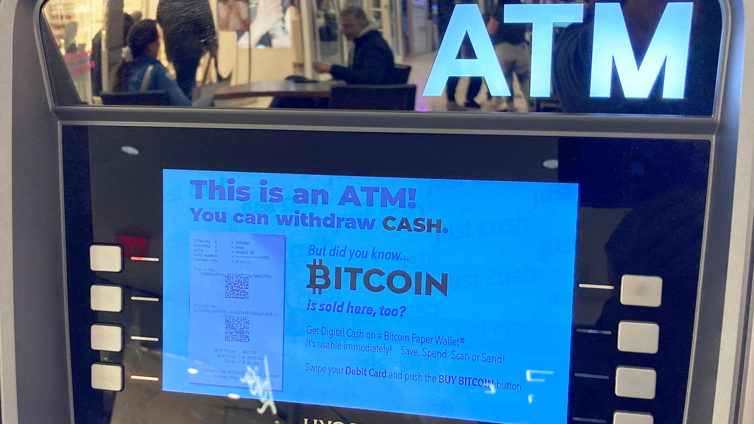 File - Bitcoin is for sale at an Automated Teller Machine at the Westfield Garden State Plaza shopping mall in Paramus, New Jersey, on March 13, 2023. The world's largest cryptocurrency soared to almost $35,000 this week, marking its highest value in nearly 18 months. (AP Photo/Ted Shaffrey, File)