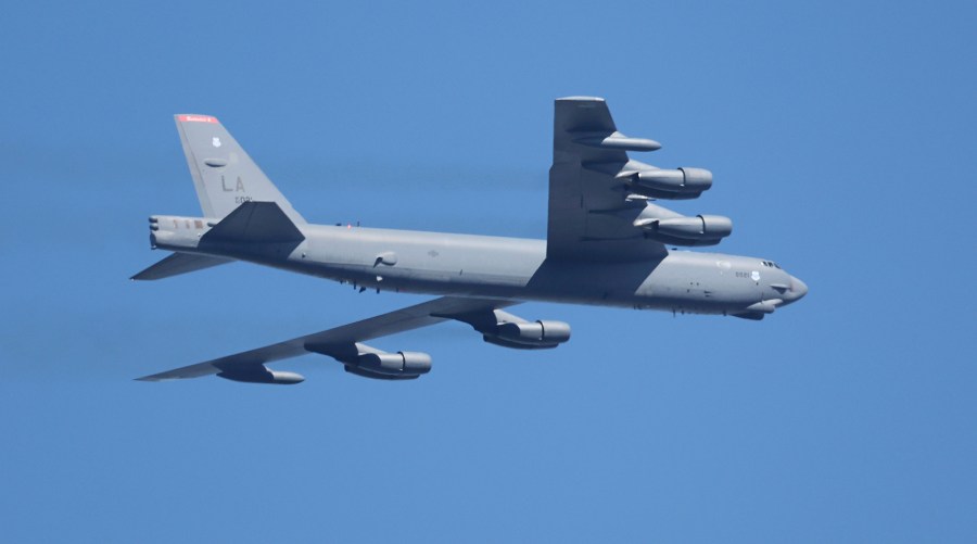 FILE - A U.S. Air Force B-52 bomber flies during the Seoul International Aerospace and Defense Exhibition 2023 at Seoul Air Base in Seongnam, South Korea, on Oct. 17, 2023. A Chinese fighter jet came within 10 feet of an American B-52 bomber flying over the South China Sea and came close to causing an accident, the U.S. military said, underscoring the potential for a mishap as both countries vie for influence in the region. (Kim In-chul/Yonhap via AP, File)