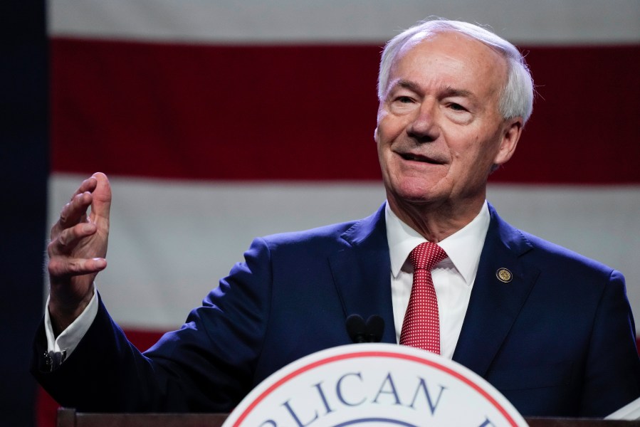 FILE - Republican presidential candidate former Arkansas Gov. Asa Hutchinson speaks at the Republican Party of Iowa's 2023 Lincoln Dinner in Des Moines, Iowa, Friday, July 28, 2023. (AP Photo/Charlie Neibergall, File)