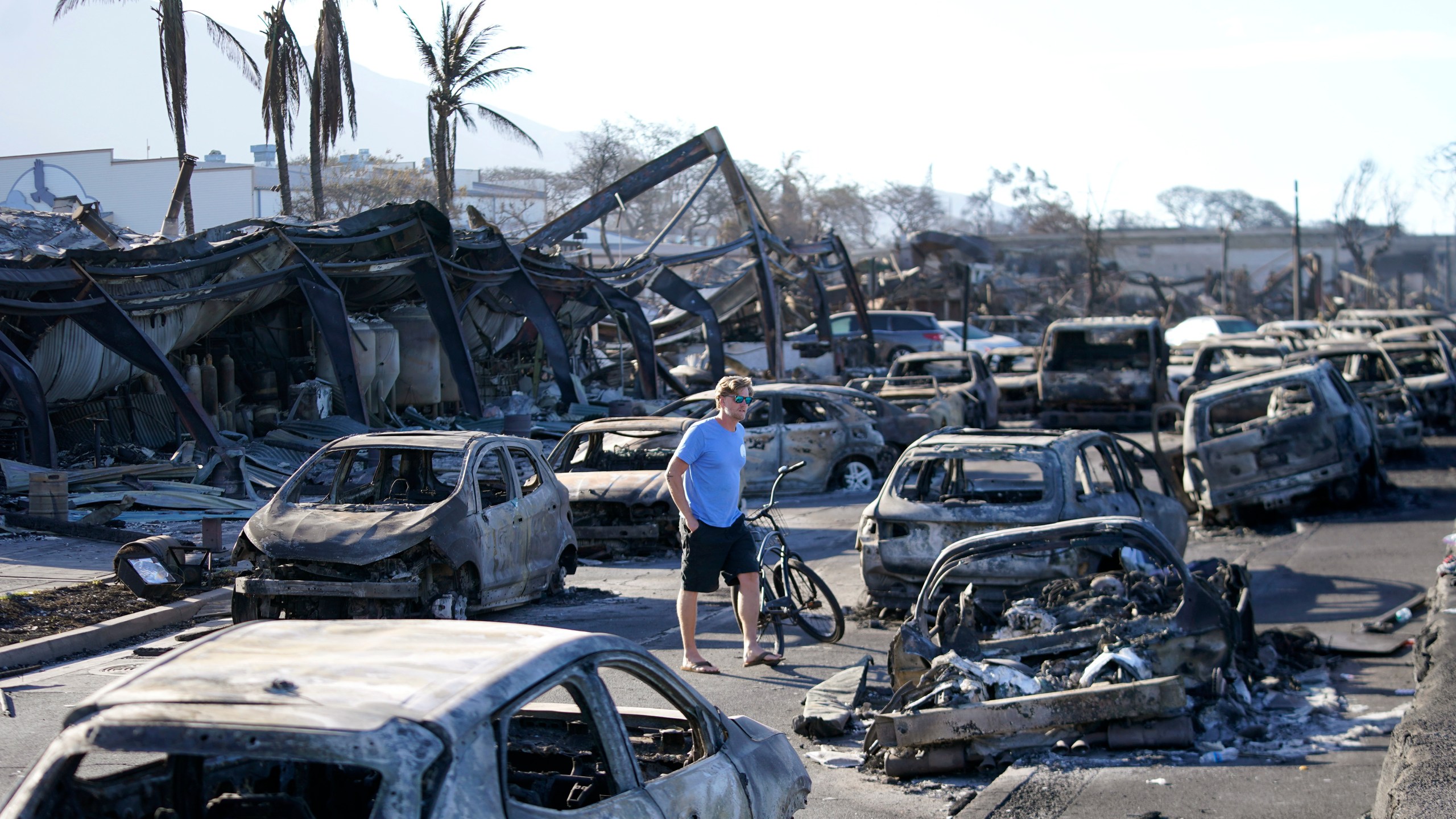 FILE - A man walks through wildfire wreckage in Lahaina, Hawaii, Aug. 11, 2023. Federal authorities have started removing hazardous materials from the Maui wildfires and laying the groundwork to dispose of burnt cars, buildings and other debris. The hazardous materials, including oil, solvent and batteries, are being shipped to the West Coast while the U.S. Army Corps of Engineers works with local officials to develop a plan to dispose of an estimated 400,000 to 700,000 tons of debris on the island. (AP Photo/Rick Bowmer, File)