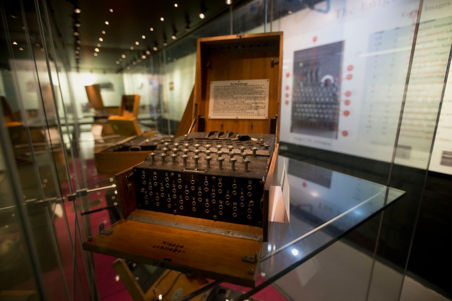 FILE - An Enigma machine is displayed at Bletchley Park museum in the town of Bletchley in Buckinghamshire, England, Jan. 15, 2023. British Prime Minister Rishi Sunak will host a two-day summit focused on frontier AI. It's reportedly expected to be draw a group of about 100 officials from 28 countries, including U.S. Vice President Kamala Harris and executives from key U.S. artificial intelligence companies including OpenAI, Google's DeepMind and Anthropic. (AP Photo/Matt Dunham, File)