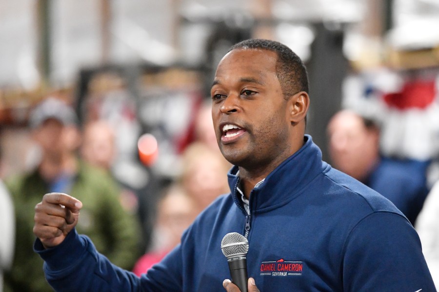 Kentucky Attorney General and Republican candidate for Governor Daniel Cameron speaks to supporters during a stop on his statewide bus tour in London, Ky., Tuesday, Oct. 31, 2023. (AP Photo/Timothy D. Easley)