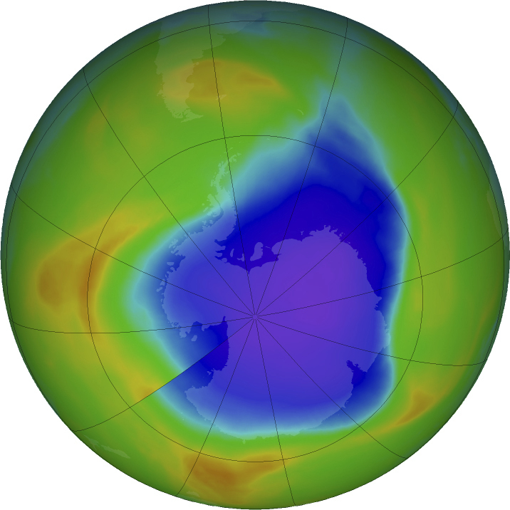 In this NASA false-color image, the blue and purple shows the hole in Earth's protective ozone layer over Antarctica on Oct. 30, 2023. This year’s ozone hole was about average size for the last 20 years. (NASA via AP)