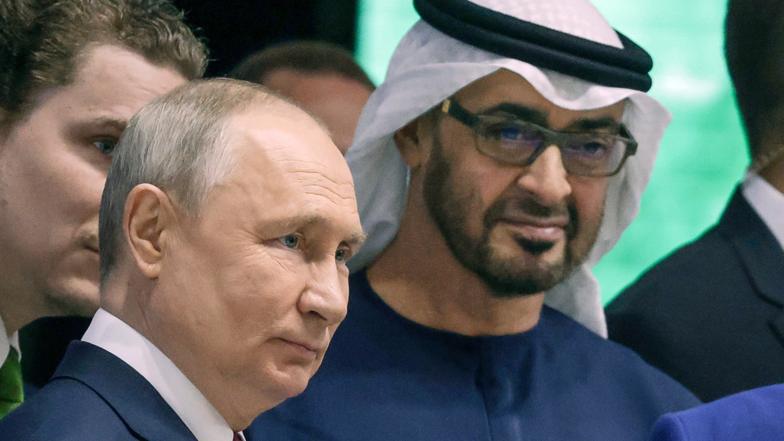 FILE - Russian President Vladimir Putin, left, and United Arab Emirates President Sheikh Mohamed bin Zayed Al-Nahyan visit an exhibition of the United Arab Emirates on the sideline of the St. Petersburg International Economic Forum in St. Petersburg, Russia, June 16, 2023. The United States on Thursday imposed a new round of sanctions on roughly 130 firms and people from Turkey to China to the United Arab Emirates in an effort to choke off Moscow's access to tools and equipment that support its invasion of Ukraine. (Vyacheslav Prokofyev, Sputnik, Kremlin Pool Photo via AP, File)