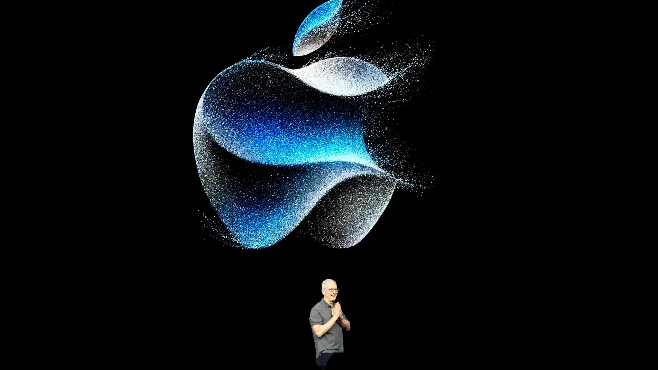 File - Apple CEO Tim Cook speaks at an announcement of new products on the Apple campus, Sept. 12, 2023, in Cupertino, Calif. Apple reports earnings on Thursday, Nov. 2, 2023. (AP Photo/Jeff Chiu, File)